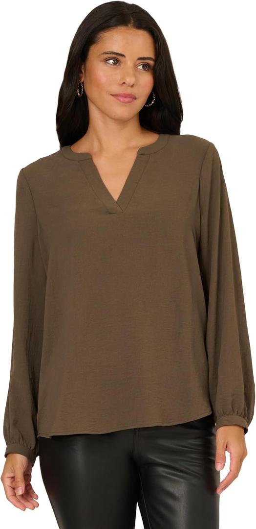 Adrianna Papell Women's V-Placket Airflow Woven Blouse with Long Sleeves (X-Large, Fatigue)