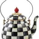MACKENZIE-CHILDS Enamel Tea Kettle, Stylish Tea Kettle for Stovetop, Black-and-White Courtly Check, 2 Quarts