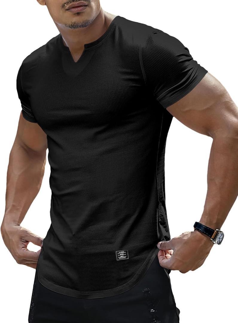 PLEPAN Mens Muscle T Shirts V Neck Short Sleeve Henley Shirt (Black, L)