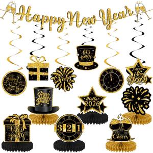 Happy New Year Decorations 2026 Kits, New Year Eve Party Supplies with Banner Hanging Swirl Streamers Table Centerpieces Table Toppers Decor for NYE Decorations