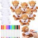 Blueweenly 24 Pcs 6 Sets Make Your Own Stuffed Animal Highland Cow Kit Including 6 Inches Soft Cow Plush with White T Shirt and 12 Colors Pens for Birthday Favors Forest DIY Crafting Gifts