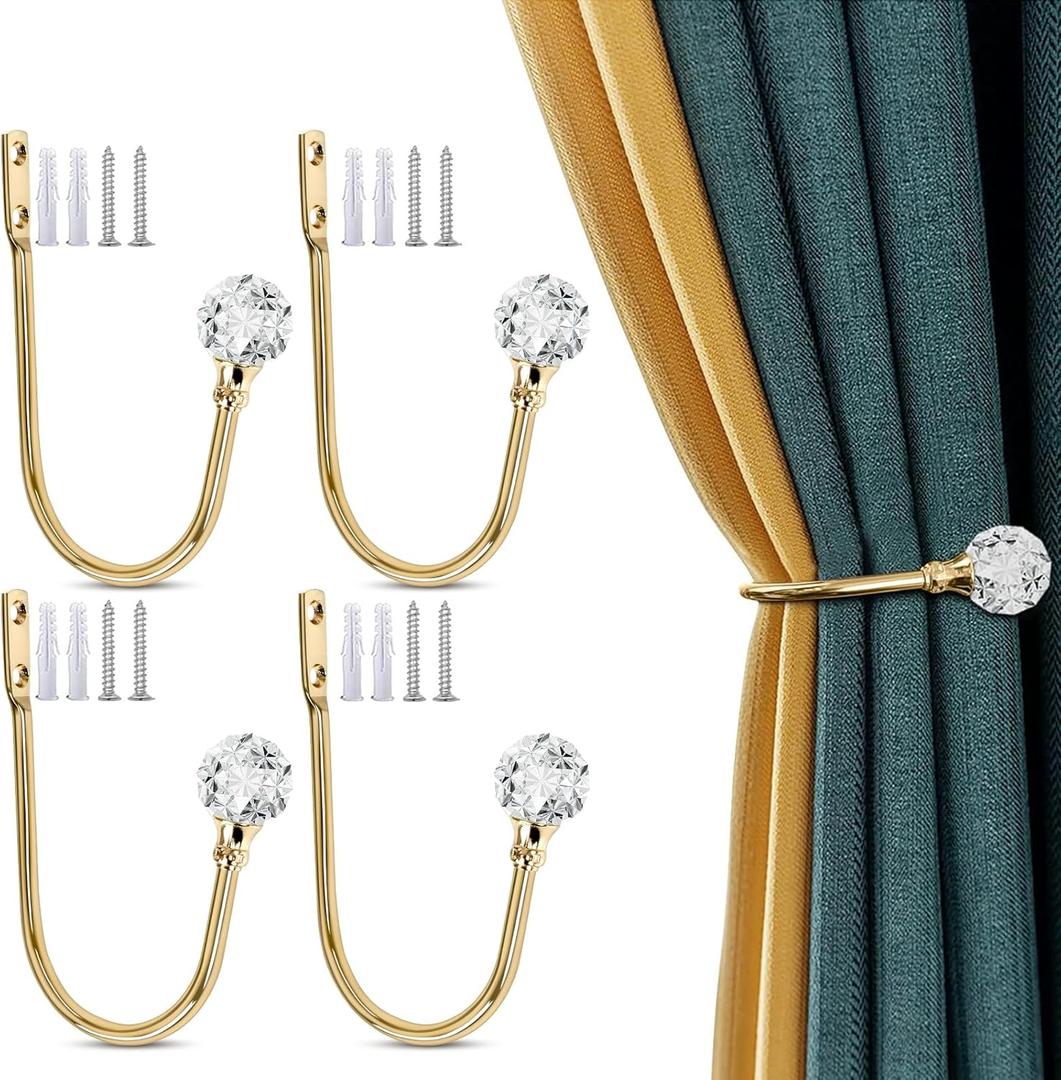 Crystal Curtain Tieback Hooks, Wall Mounted Drapery Holdbacks, Gold Curtain Holders - Heavy Duty Metal, 4 Pack