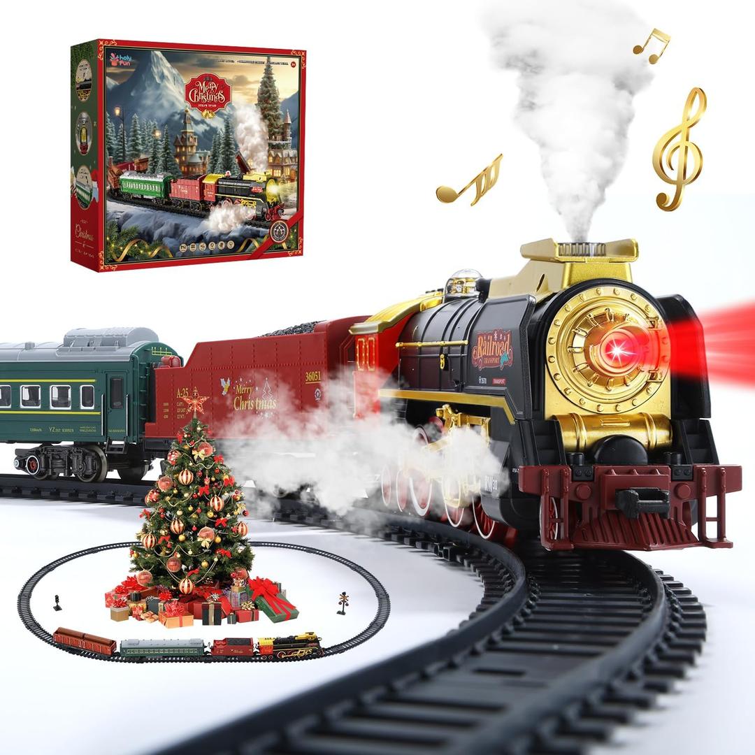 Electric Train Set with Smoke, Sound and Lights, Train Track Toy with Glowing Passenger Carriages for Toddlers and Kids, for Boys and Girls