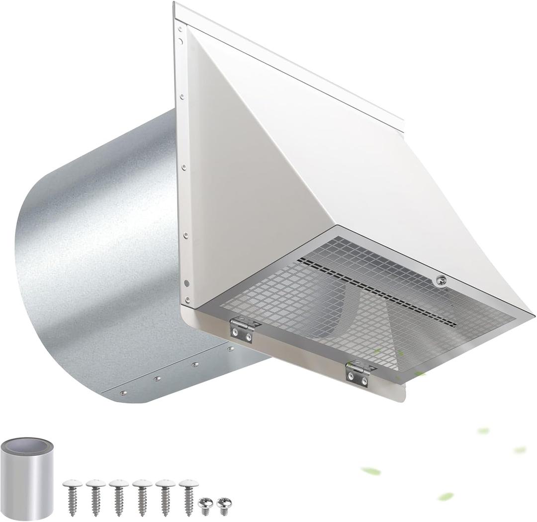 6 Inch Hooded Wall Vent with Screen and Damper,6 Inch Exhaust Vent Cover Cap for Outdoor Kitchen Range Hood Dryer Ventilation,Outside Wall Mount Extractor for House Air Exhaust,Galvanized Steel,White