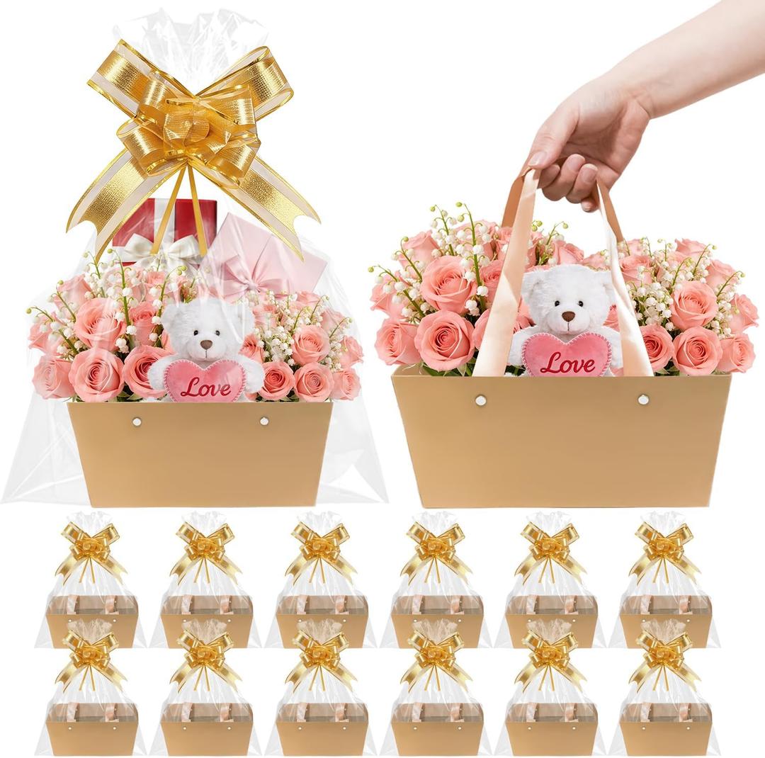 Surgifuly 12 Pack Baskets for Gifts Empty Bulk Kraft Empty Gift Basket Kit, Gift Bags With Handles DIY Kit for Packages Wrapping Wedding Party (Gold)