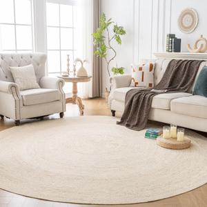 Shatex Round Burlap Rug 5 Feet, Hand Braided Rug Farmhouse Style for Home Decor, Bedroom, Living Room, 100% Natural Jute Fiber, Off-White