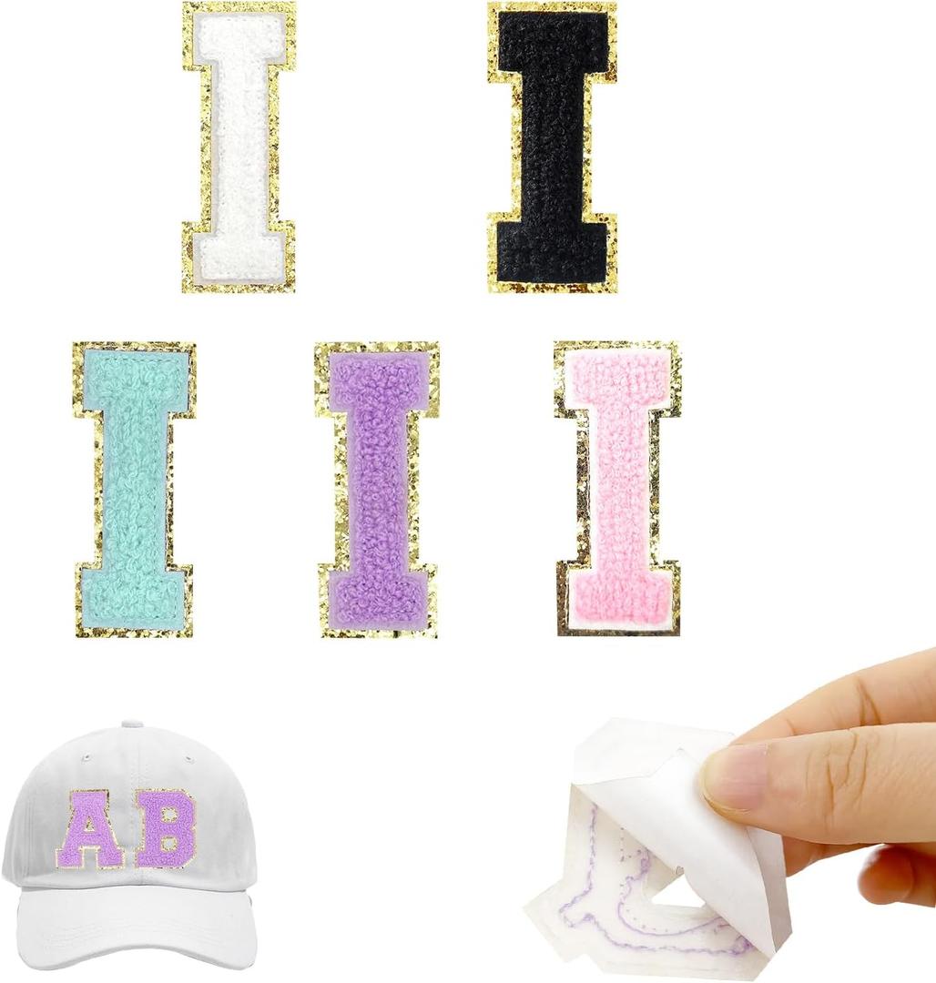 Self-Adhesive Iron on Letters 5 Pcs 2.2 inch Chenille Letter Stickers Alphabet Embroidered Applique Stick On Patches for Clothing Jackets Backpack Hat DIY Phone Bags (I)