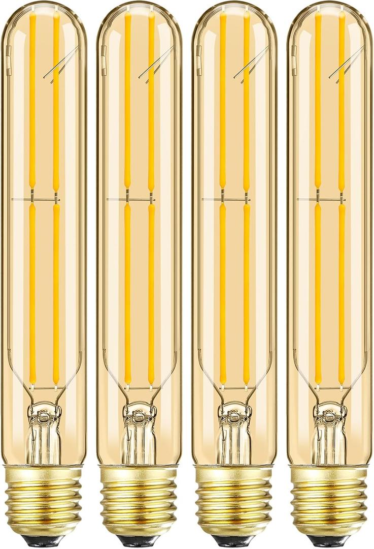 T10 Led Bulb,Dimmable E26 Led Bulbs 6W,E26 Tubular Bulb 60 Watt, 2700K Warm White,7.3in Led Edison Tube Bulb,T10 Amber Glass Cover,4Pack.