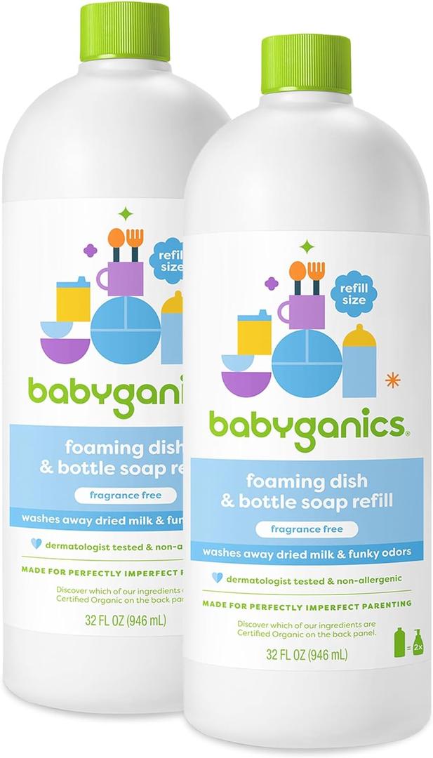 Babyganics Foaming Dish & Bottle Soap, Fragrance Free, Plant-Derived Cleaning Power, Removes Dried Milk, 32 Fl Oz (Pack of 1), Packaging May Vary