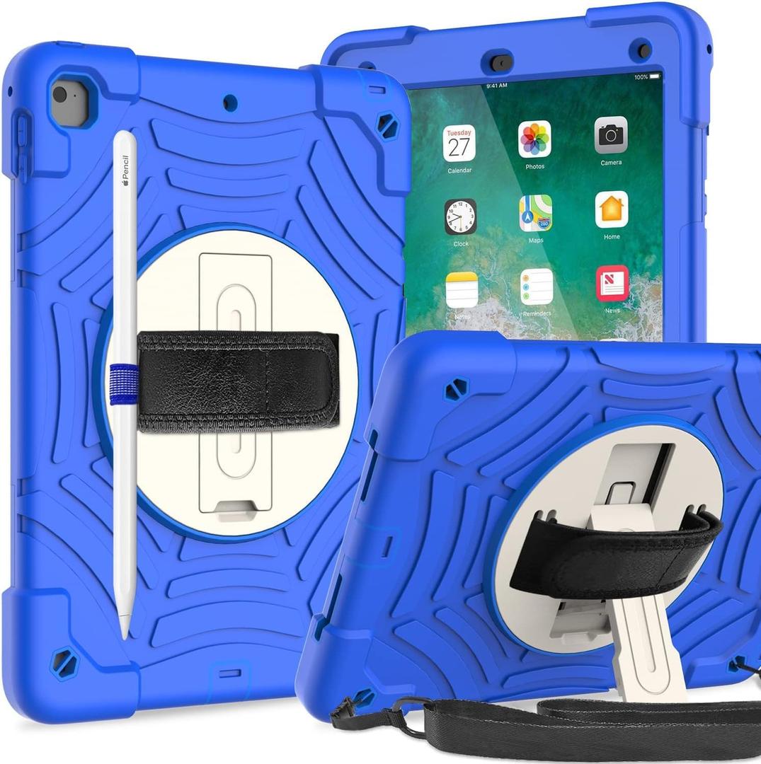AVAWO Case for iPad 9.7inch 6th 5th Pro9.7 Air2 Generation Case with Protector&Adjustable Strap&Swivel Kickstand, Blue