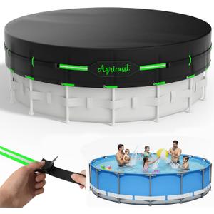 10ft Round Pool Cover for Above Ground Pools, 420D Heavy Duty Solar Pool Cover with Windproof Strap Tensioner & Velcro Stickers, Side Seamless Tear Resistant, Weatherproof & UV Resistant