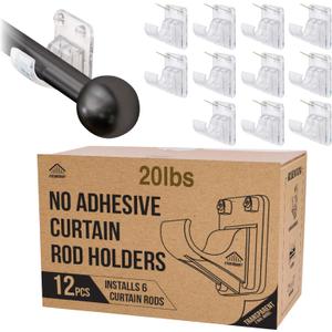 No Adhesive Heavy Duty Curtain Rod Holders with Wide Hook, 5X Stronger Than Adhesive Curtain Rod Hooks,Tension Curtain Rod Bracket for Wall with Pin Guide, Curtain Wall Mount (12 Pack, For 0.75" Rods)