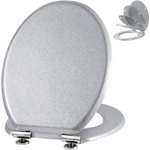Angel Shield Glitter Toilet Seat Molded Wood Toilet Seat, Quiet Close with Quick Release Adjustable Hinges 45x37cm Oval, Fits EU Bottom-Mount Toilets (Silver Glitter)