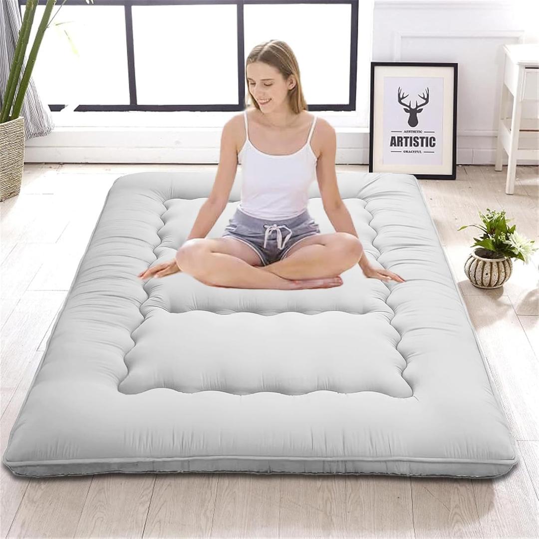 Japanese Floor Mattress,Thicken Japanese Floor Sleeping Pad Foldable,Roll Up Tatami Mat Easy to Store and Portable,Futon Mattress Suitable for Camping and Guest Room (Light Gray, Queen (80" X 60"))