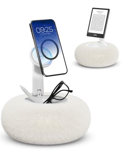 Viozon Phone Holder for Bed, Magnetic Pillow Stand, Compatible with 4-7" Phone/Kindle with Small Storage, Removable Suction Base for Stability, Idea for Kindle Reading and Video Watching On Bed,White