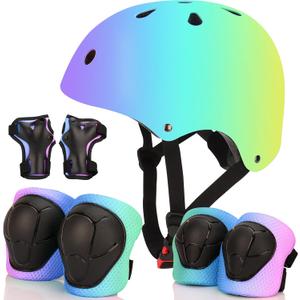 Color Gradient Adjustable Bike Helmet with Knee and Elbow Pads - Kids Toddler Boys and Girls Skateboard Helmet for Ages 3-14 | Ideal for Riding, Scooters, Inline Skating, Longboarding, Roller Skating (Purple blue yellow)