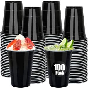 100 Pack Black Plastic Cups 16 oz Disposable Shot Cups for Party Heavy Duty Large Drink Graduation Black Cups for Wedding Birthday Halloween Soda Picnics (Black)
