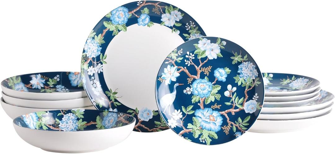 222 Fifth Nightingale 12-Piece Porcelain Dinnerware Set  Service for 4, Bohemian Blue Floral Design, Perfect for Everyday Dining & Entertainment, Microwave & Dishwasher Safe