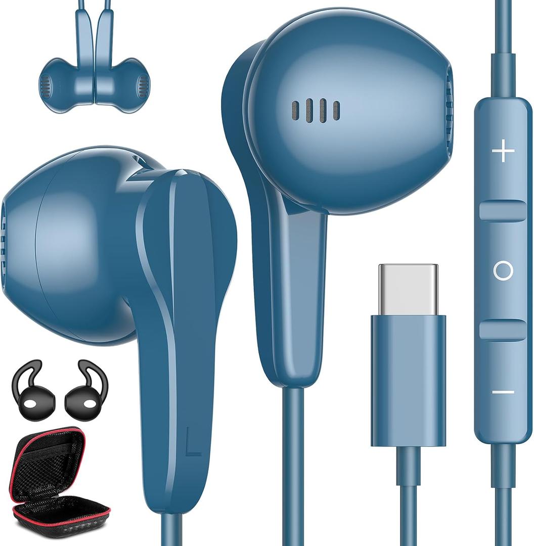 USB C Headphones for iPhone 17 Air 16 15 Pro Max Plus, Type C Earphone with Mic HiFi Stereo Volume Magnet in Ear USBC Wired Earbud for Samsung Galaxy S26 S25 S24 Ultra S23 Fe S22+ Flip/Pixel 10, Blue