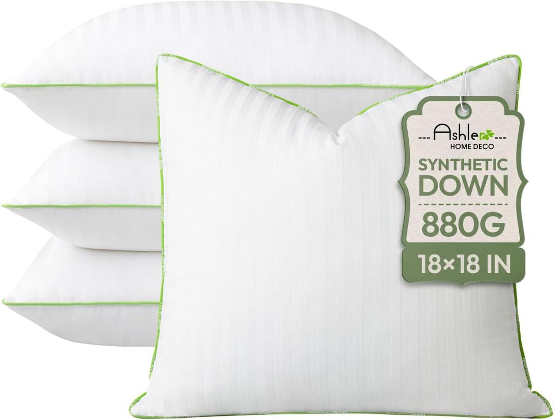 Ashler Home Deco Synthetic Down Pillow Inserts, 18x18 Down Alternative Throw Pillows Insert Sleeping Pillows with 100% Cotton Cover Decorative Pillow Stuffer for Sofa, Couch Bed(Set of 4, White)