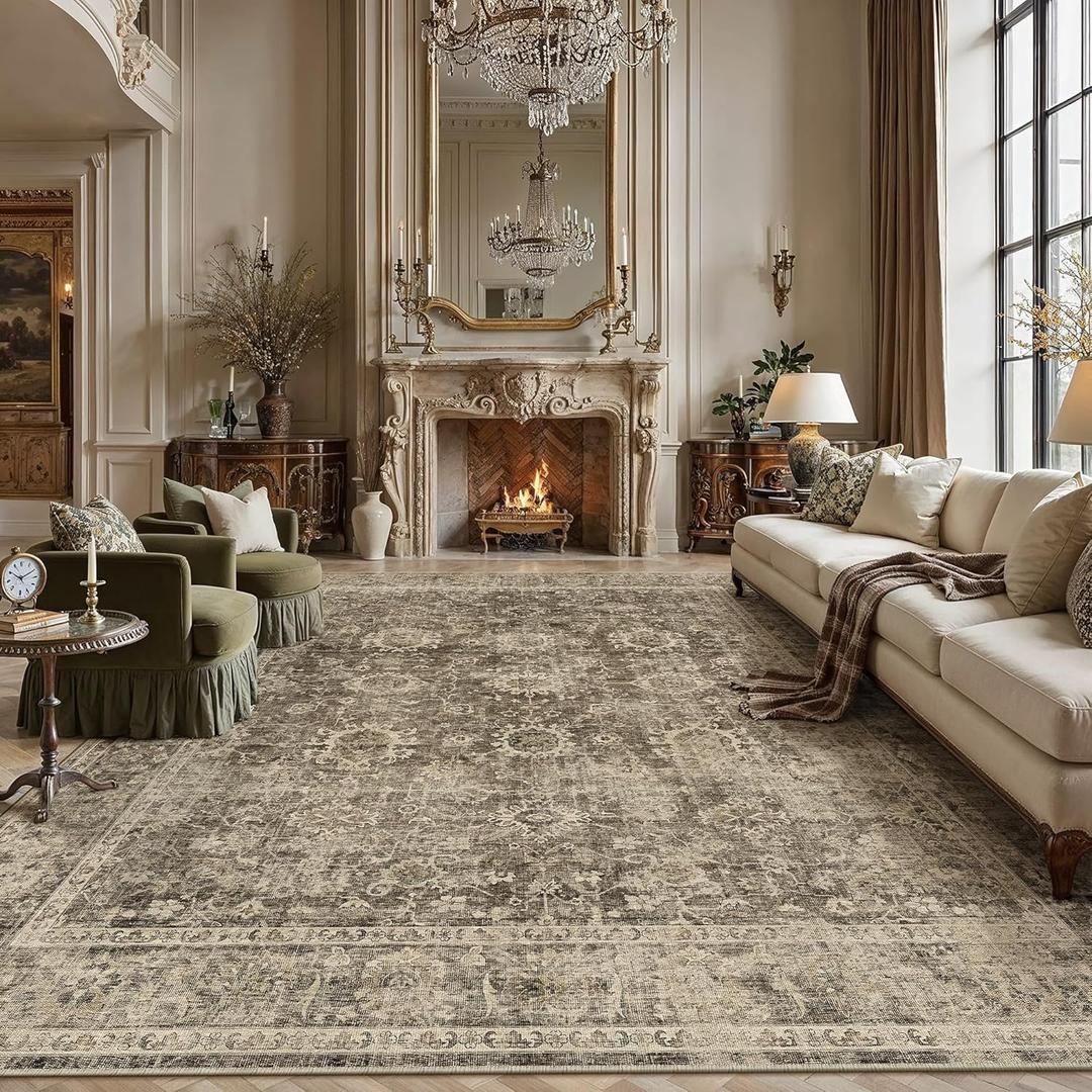 8x10 Washable Area Rug for Living Room Bedroom Brown Vintage Large Distressed Rustic Low Pile Carpet Non-Slip Soft Throw Rug for Indoor Dining Room