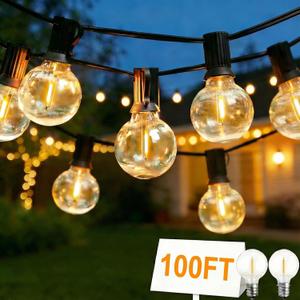 Outdoor LED String Lights with 100 Feet G40 Globe 52 Plastic Bulbs(2 Spare), Waterproof Hanging Light for Patio Backyard Porch Balcony Party Decoration