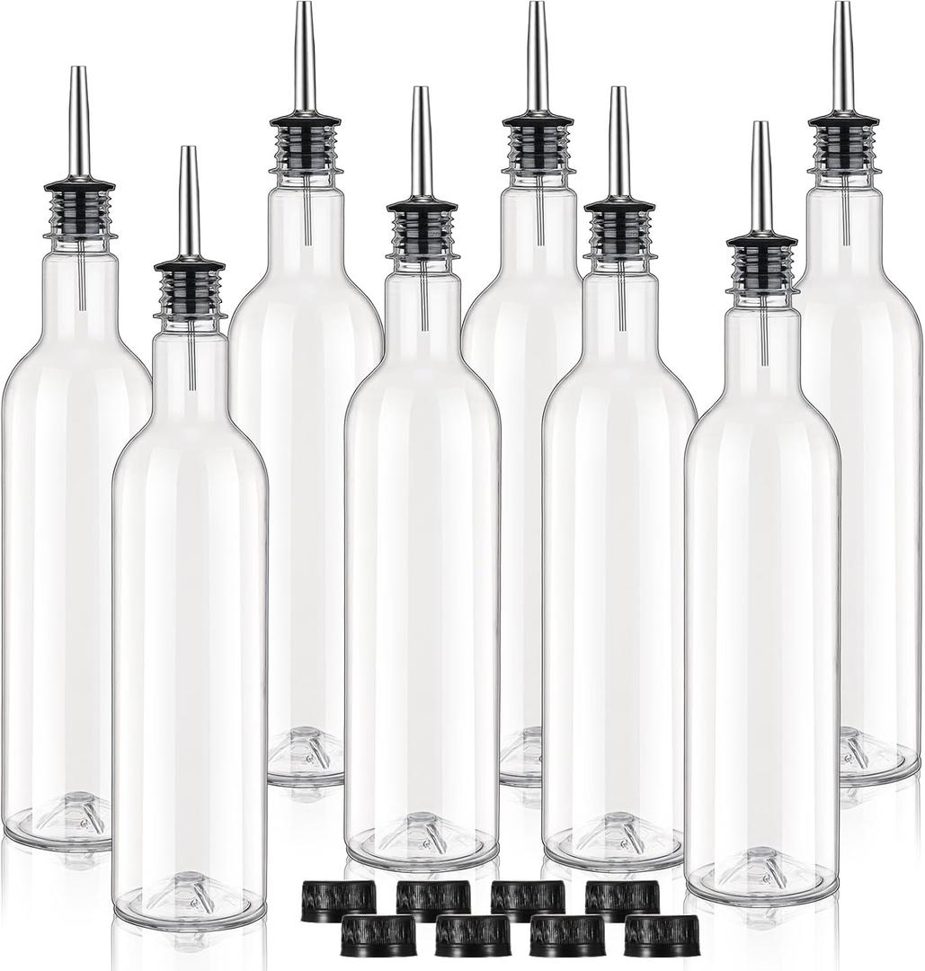 25 oz Plastic Long Neck Bottles with Stainless Steel Pourer and Cap Alcohol Juice Liquor Bottles Syrup Leakproof Tapered Spout Container for Home Bar Use Service Bartending Supplies(8 Pack)