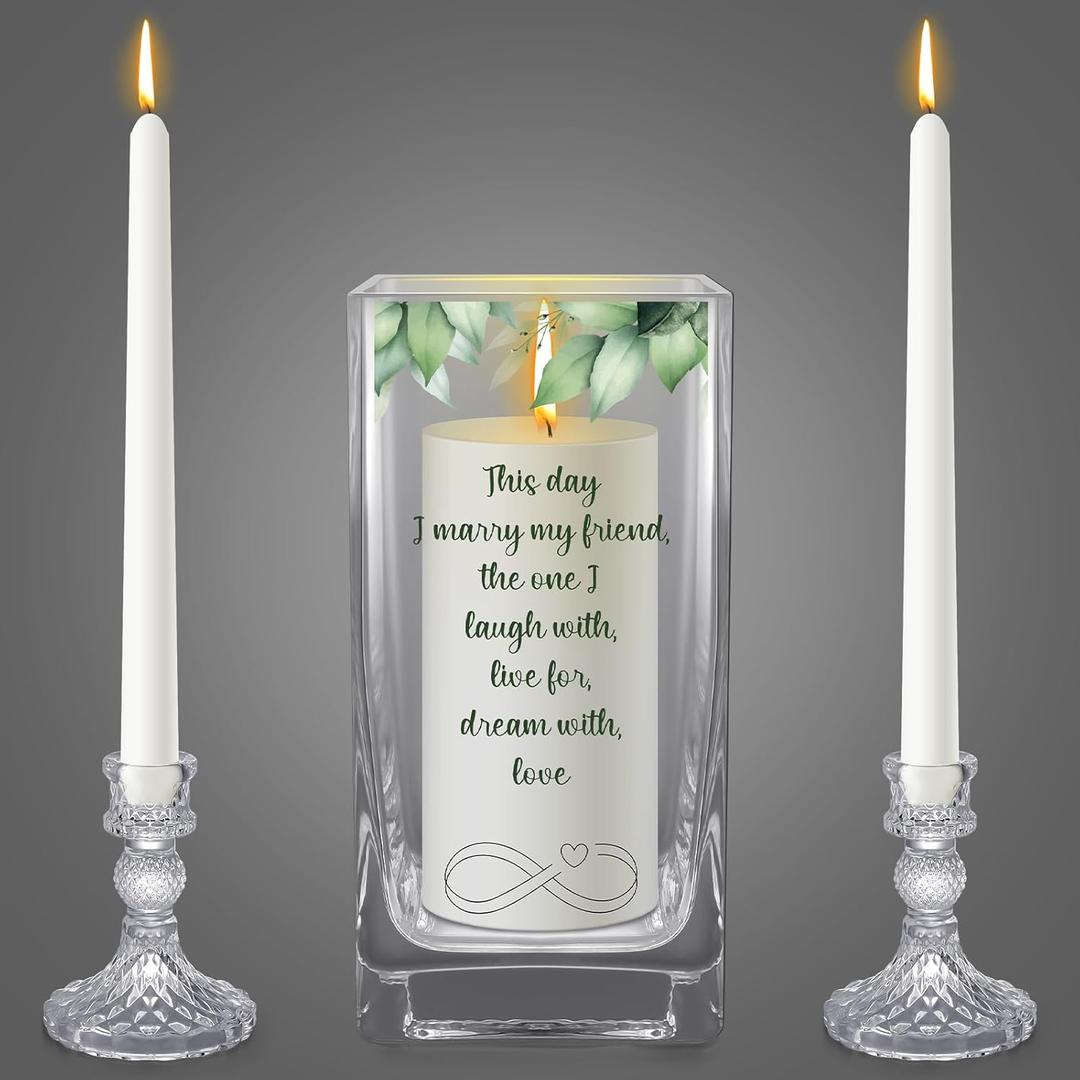 FoldTier Unity Candles with Holder for Wedding Ceremony Set 1 6" Pillar 2 9.8'' Taper Candles 3 Candlestick for Religious Formal Events Church(Green Leaf)
