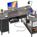 PRAISUN 47 Inch L Shaped Desk with Power Outlets, 5 Fabric Drawers