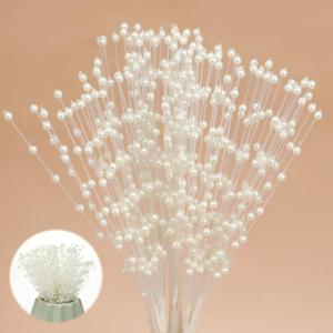 50 PCS Matte Plastic Beads Floral Picks for Bouquets Beaded Spray Filler Floral Arrangements 4mm Stick Stems Bouquets Florals Picks Bead String Garland Wedding Party Decoration(Cream Color)