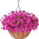 Artificial Hanging Flowers for Outdoors Summer Decoration, 12 Hanging Basket with Faux UV Resistant Silk Flowers, Realistic Fake Hanging Eucalyptus Plants for Porch Home Patio Balcony Yard (Fuchsia)