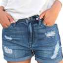 luvamia Women's Ripped High Waisted Denim Shorts Stretchy Cuffed Hem Jean Shorts (Medium)