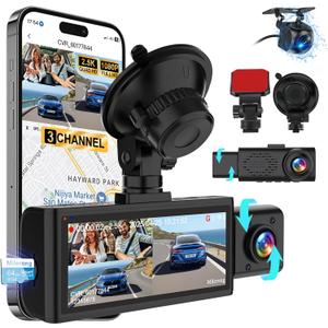 3 Channel 4K Dash Cam Front Rear and Inside with 5G WiFi & APP Control, 4K/2.5K+1080P+1080P Dashcam for Car, Dash Camera with 64GB Card, 24H Parking Monitor, Night Vision, Loop Recording, G-Sensor
