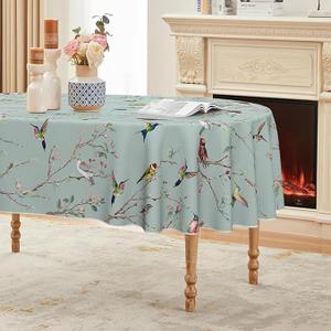 Horaldaily Spring Summer Tablecloth 60x120 Inch Rectangular, Birds Branch Floral Table Cover for Party Picnic Dinner Decor (Green)
