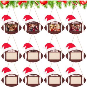 Chunful 12 Pcs Football Ornaments for Christmas Tree Decorations Wooden Christmas Picture Frames with Santa Hats and Jute Twine Xmas Photo Ornament Gifts for 1.57 x 2.36 Inch Photos Sports Player Team