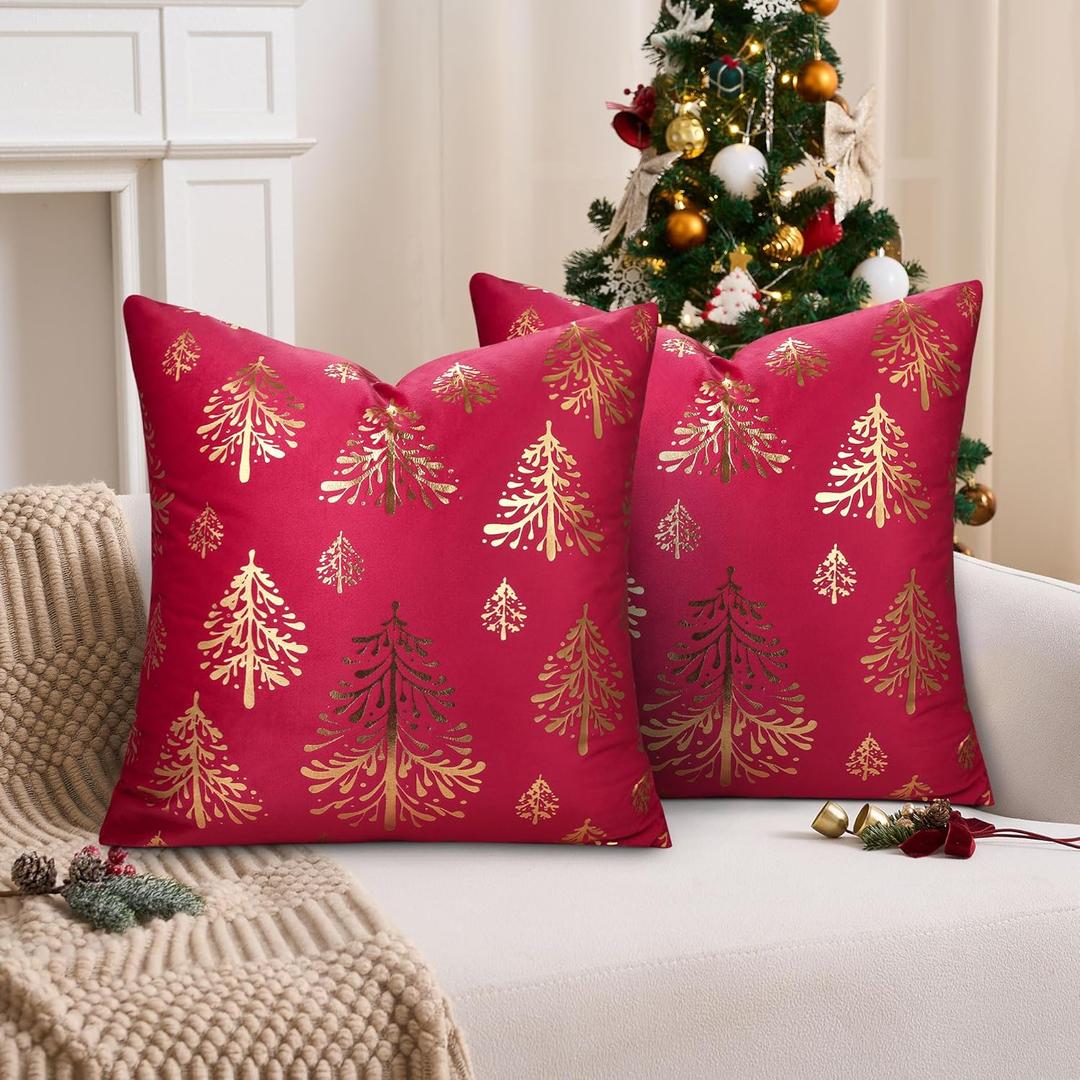 Red and Gold Christmas Pillow Covers Velvet Christmas Trees Throw Pillow Cover 18x18 Set of 2 Throw Pillowcases Cushion Cases Winter Outdoor Decorative for Sofa Couch Bed Living Room Home Decor