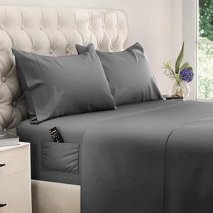 DREAMCARE King Size Sheets Set - Cooling Bed Sheets - 4pcs Set - up to 15" Deep Pocket King Sheet Set  Soft & Long Lasting Cooling - 100% Fine Brushed Polyester with Side Pocket - Dark Gray