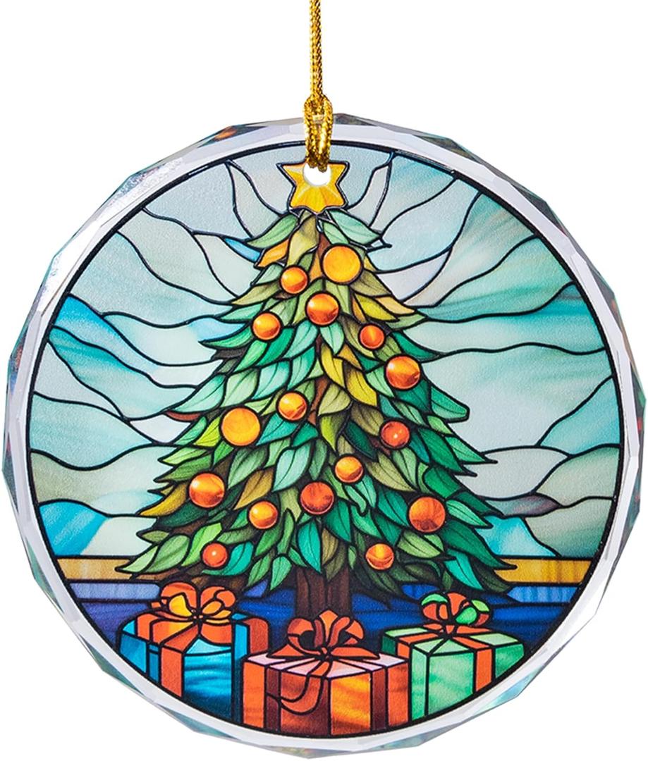 Stained Glass Styled Christmas Ornament  3 Inch Flat Round Real Glass Decoration, Double-Sided Print  Perfect for Holiday Tree, Window, or Gift