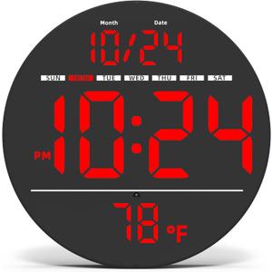 Digital Wall Clock with Large LED Display, Date, Temperature, Auto-Brightness | Small [PLUG-IN] Clock | Modern Electric Wall Clock for Bedroom, Classroom, Living Room, Home, Office, Farmhouse Red