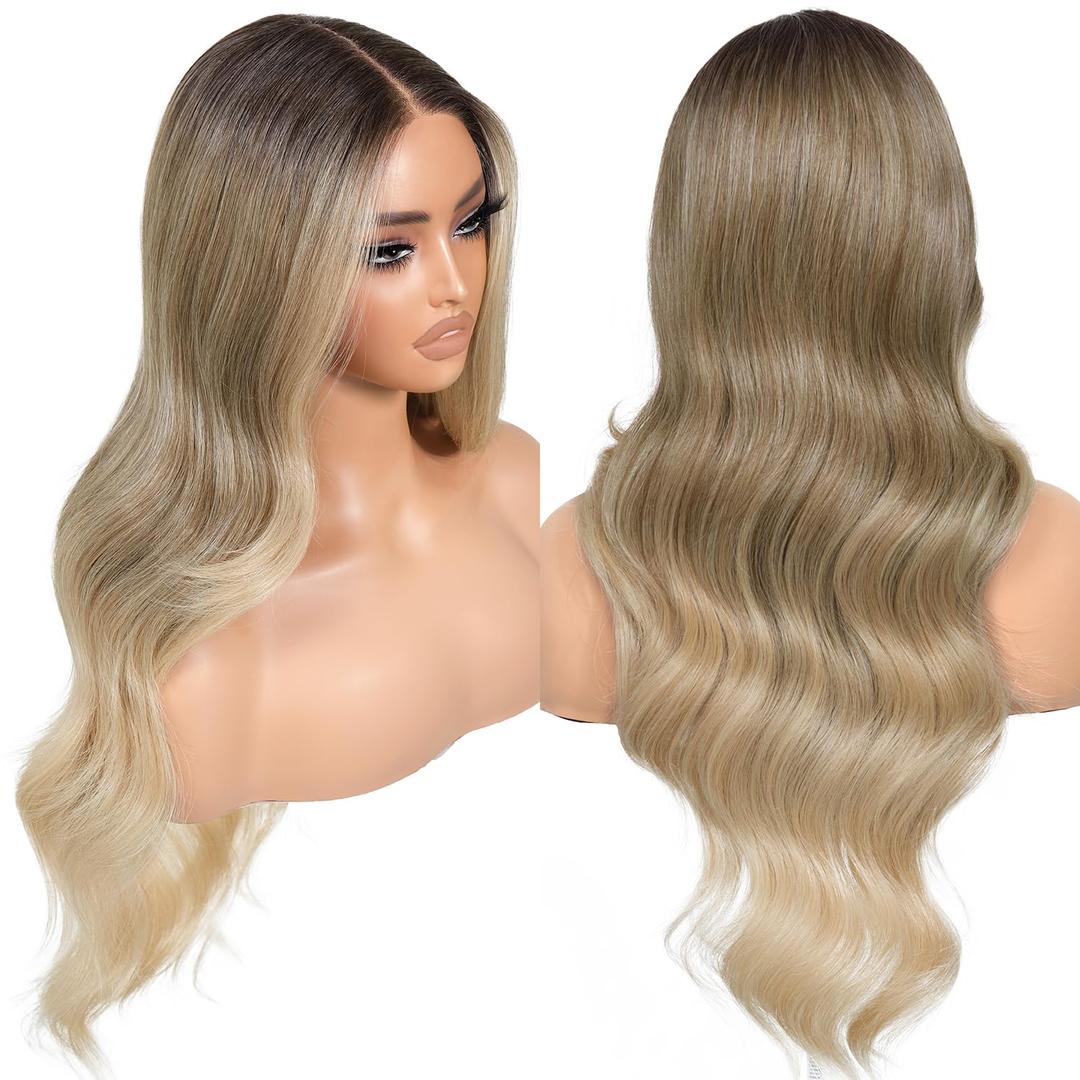 Ombre Blonde Synthetic Lace Front Wigs Body Wave Glueless Wigs With Bangs Pre Plucked Pre Cut 13x5x1 HD Lace Middle Part Wigs For Woman 26 Inch