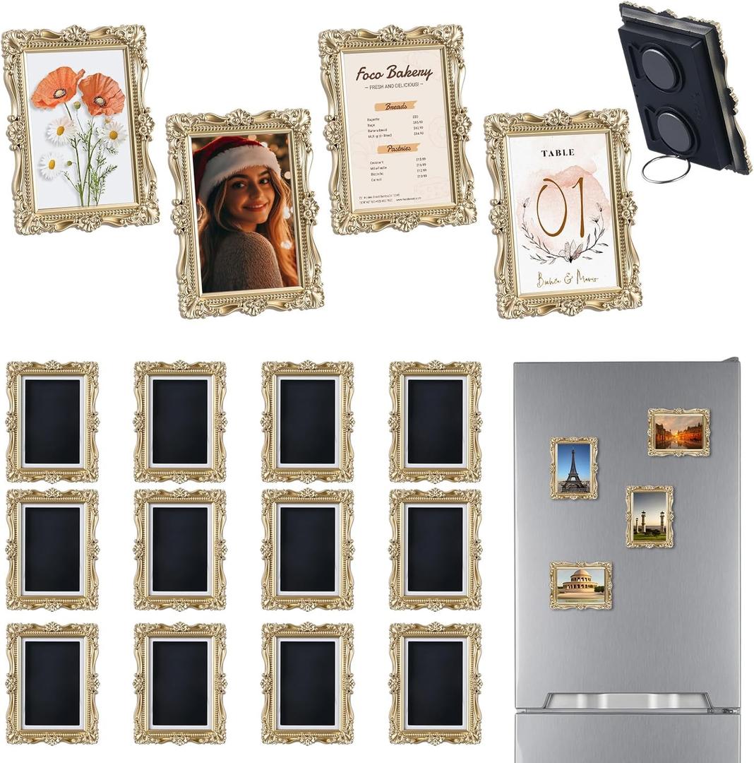 Wonderjune 12 Pcs Vintage Mini Picture Frames Bulk for 2" x 3" Size Picture DIY Magnetic Fridge Magnets Small Gold Ornate Photo Frame Antique Table Decor for Wedding Party Menu(Retro)