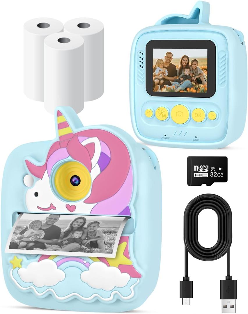 Instant Print Camera for Kids 3-12 Years, Kids Camera with 32G SD Card & 300 Photos Paper, 48MP Photo 1080P Video, Christmas Birthday Gifts for Girls Boys Toddler (Blue)