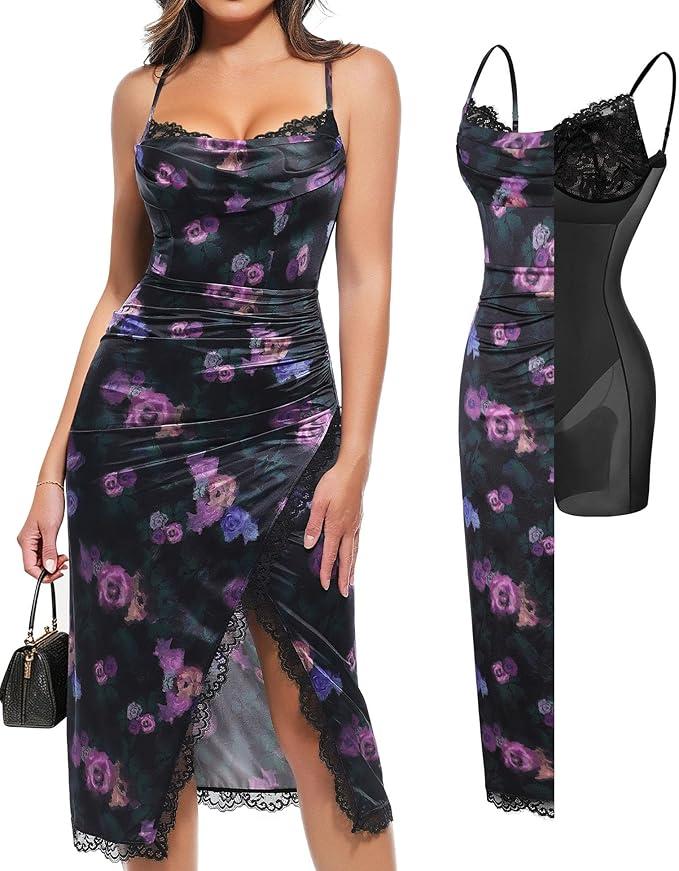 Popilush Shapewear Corset Dress Women's Satin Ruched Midi Dress Cocktail Date Night Classy Dresses with Lace Trim Bra, Size Large
