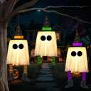 JOYIN 23.6'' 3PCS Halloween Hanging Ghosts Decorations Outdoor, Warm Light Up Ghosts Tree Decor with Witch Hat & Timer, Glowing Halloween Decorations for Yard Patio Garden Outside Haunted House Party