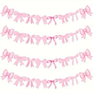 Neyeidru Bow Birthday Decorations Banner - 4Pcs Pink Bow Banner for Coquette Birthday Decorations Bow Garland Bunting for Girls Bow Party Decor Favor Supplies