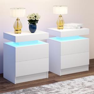 LED Nightstands Set of 2, Modern White Night Stand End Tables with APP & Remote Control LED Lighting, 2 Drawers, Open Shelf Storage, Bedside Tables for Bedroom and Living Room, 20 x 14 x 20 inches