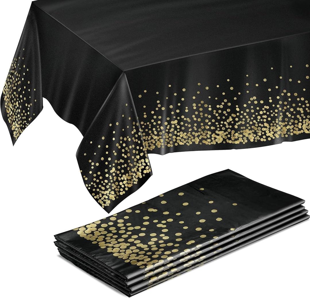 Prestee 4 Pack Gold and Black Table Cloth Rectangle Table Covers 54 x 108 Inches - Plastic Table Cloth Disposable for Parties, Dining and Events - Black Tablecloths for Weddings and Celebrations