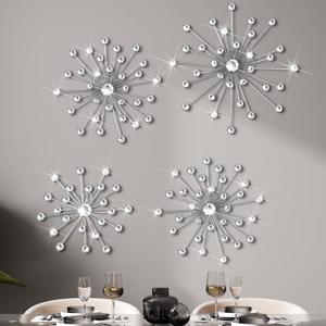 Funnymoom 4 Pcs Silver Starburst Wall Decor Metal Bling Wall Art Crystal Silver Sparkling Rhinestones Bling Decorative Hanging Diamond for Living Room Bedroom Home Office