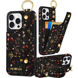 Petitian for iPhone 14 Pro Case with Wallet - Women Girls Cute Girly Aesthetic Unique Design Leather Credit Card Holder Cardholder Stand Wristband for iPhone 14 Pro, Grow Flower