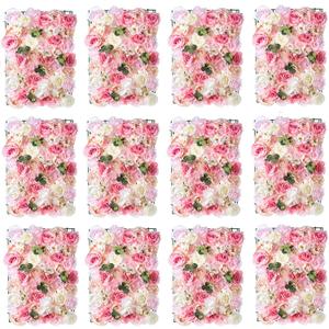 NUPTIO Flower Wall Panel for Backdrop: 12 Pcs 24 X 16 White & Pink Faux Roses Artificial Flower Backdrop for Wedding Party Bridal Baby Shower Decor